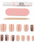 Pink press-on toenails with cheetah print and glitter stripe, includes glue and tools for a bold, trendy pedicure.