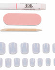 Iridescent glitter press-on toenails with nail glue, file, and cuticle stick, offering a sparkling pedicure at home.