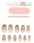 Rose gold glitter gradient press-on nails set with glue, file, and cuticle stick for salon-quality application.