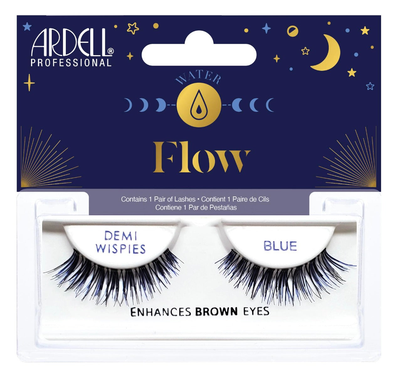 Ardell Elements Flow colored faux lash pair in creative packaging container with gold accent text and art and blue background