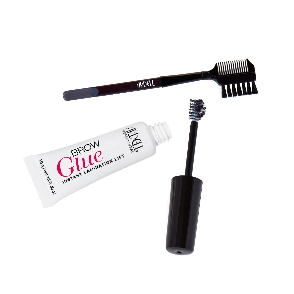 Brow glue with brush cap removed and brow brush displayed