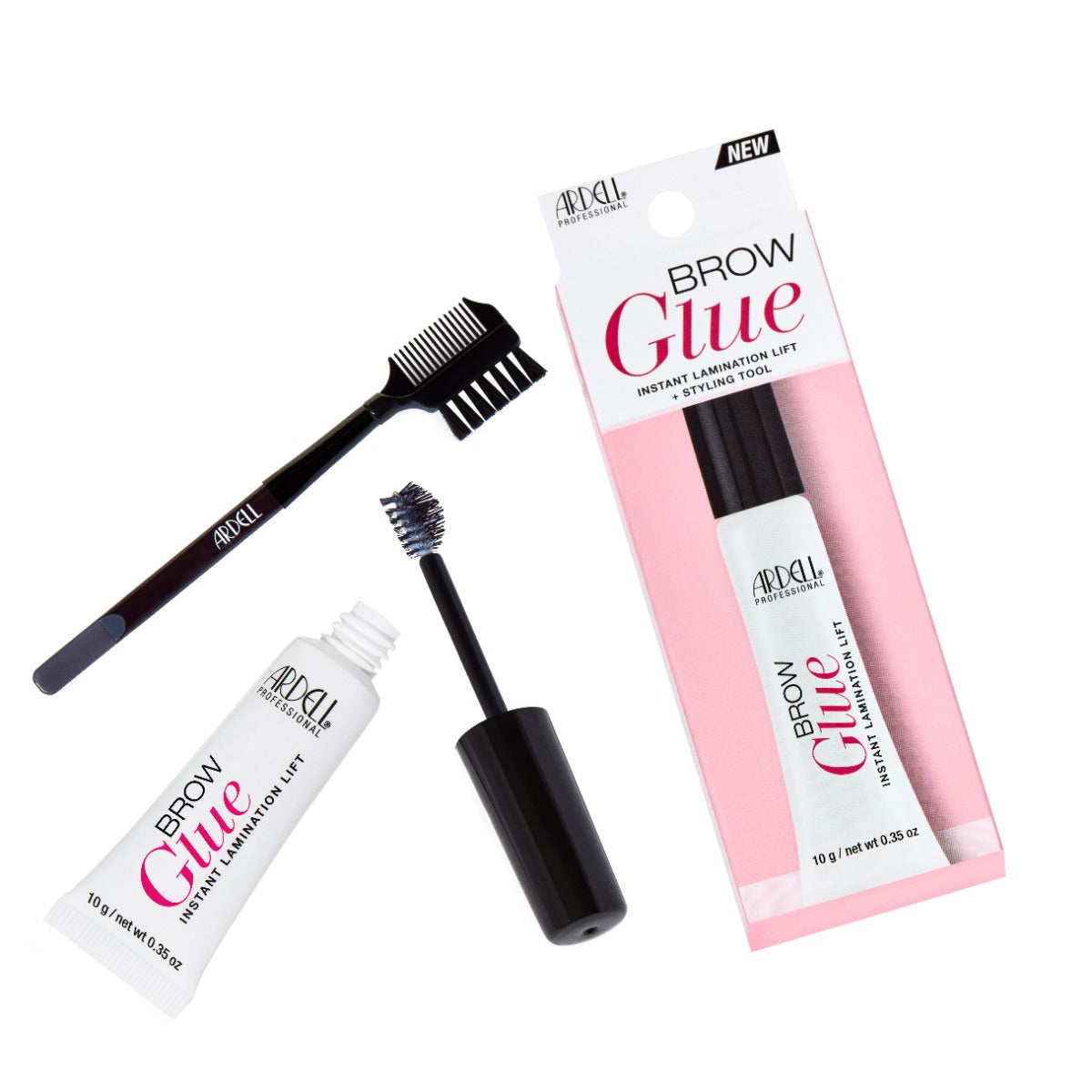 Brow glue with brush cap removed, a brow brush, packaging box