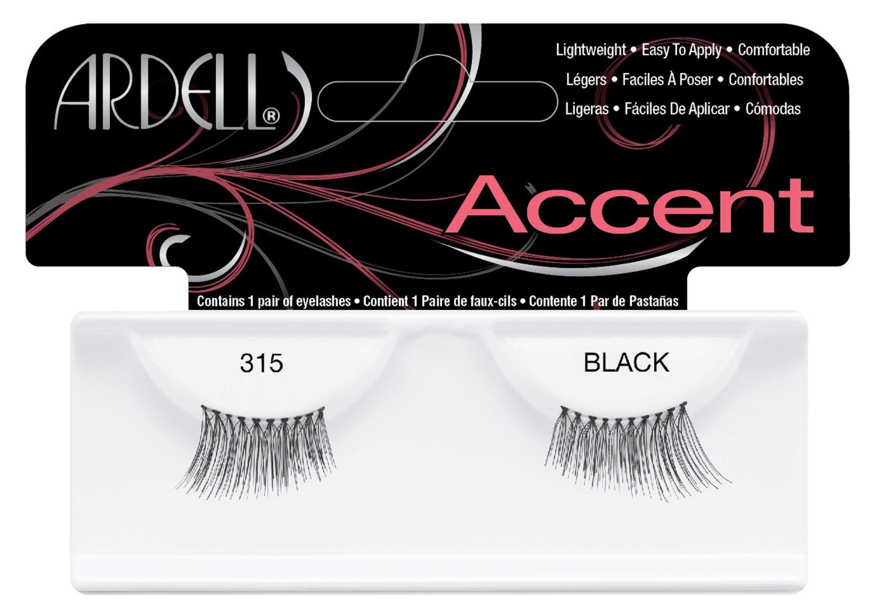 Front of Ardell Lash Lites - Demure wall-hook ready packaging with text that reads "315" and "Black"