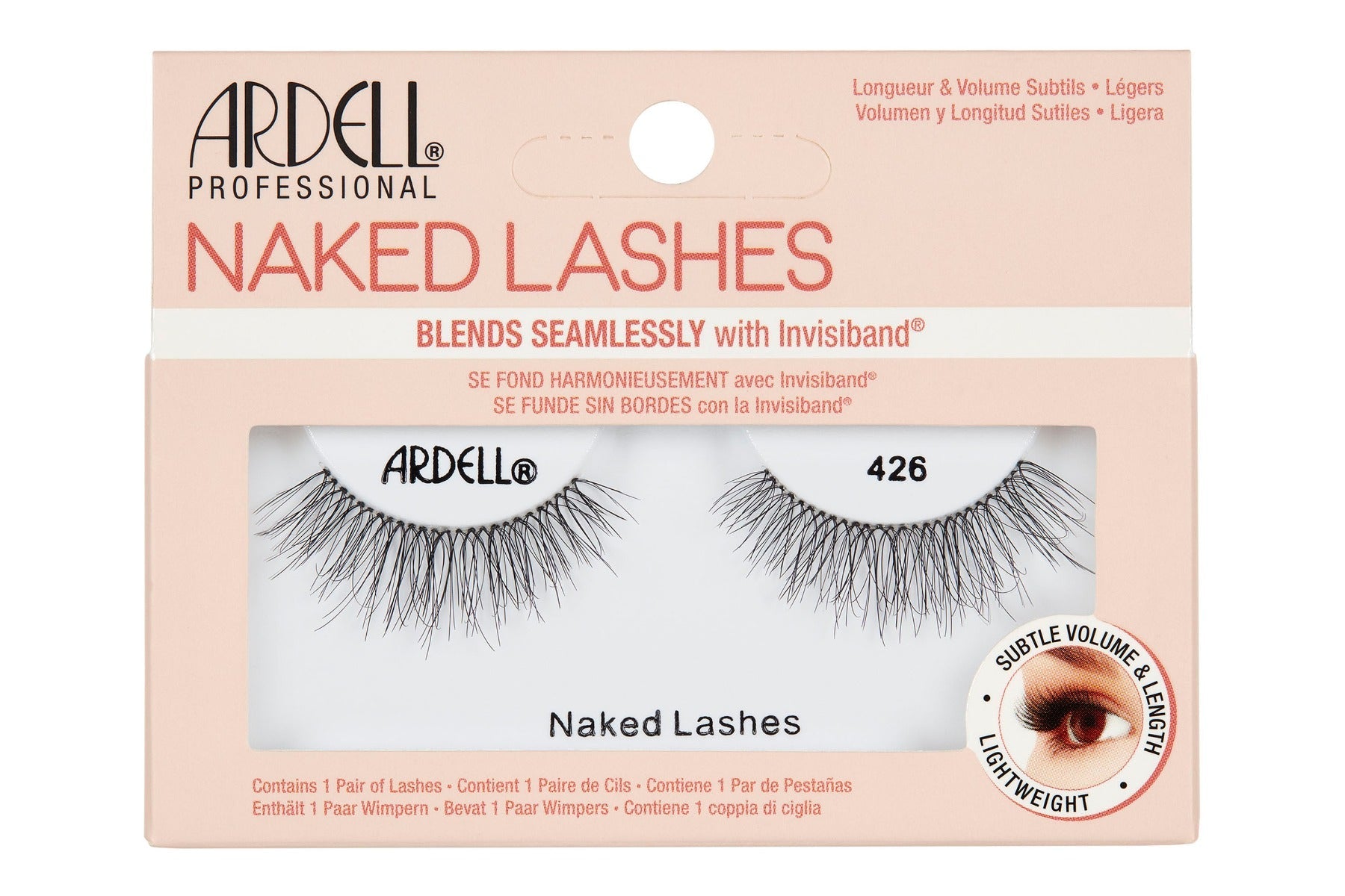 Front view of an Ardell Naked Lash 426 faux lashes set in complete retail wall hook packaging