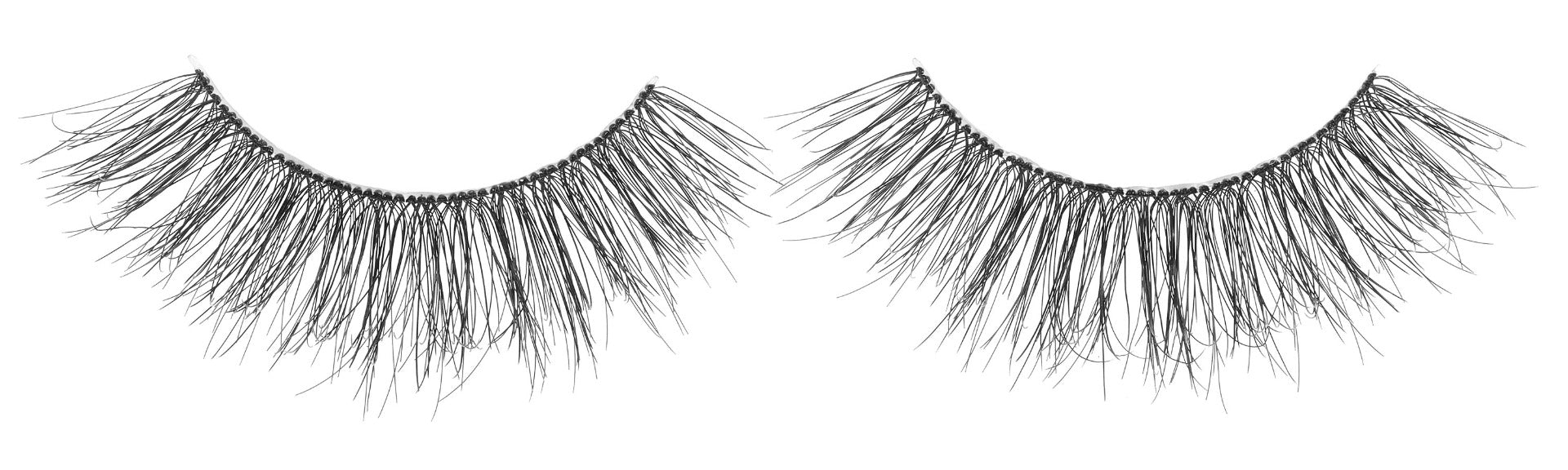 Pair of Ardell Naked Lash 427 false lashes side by side with a slightly flared effect to visually widen eyes