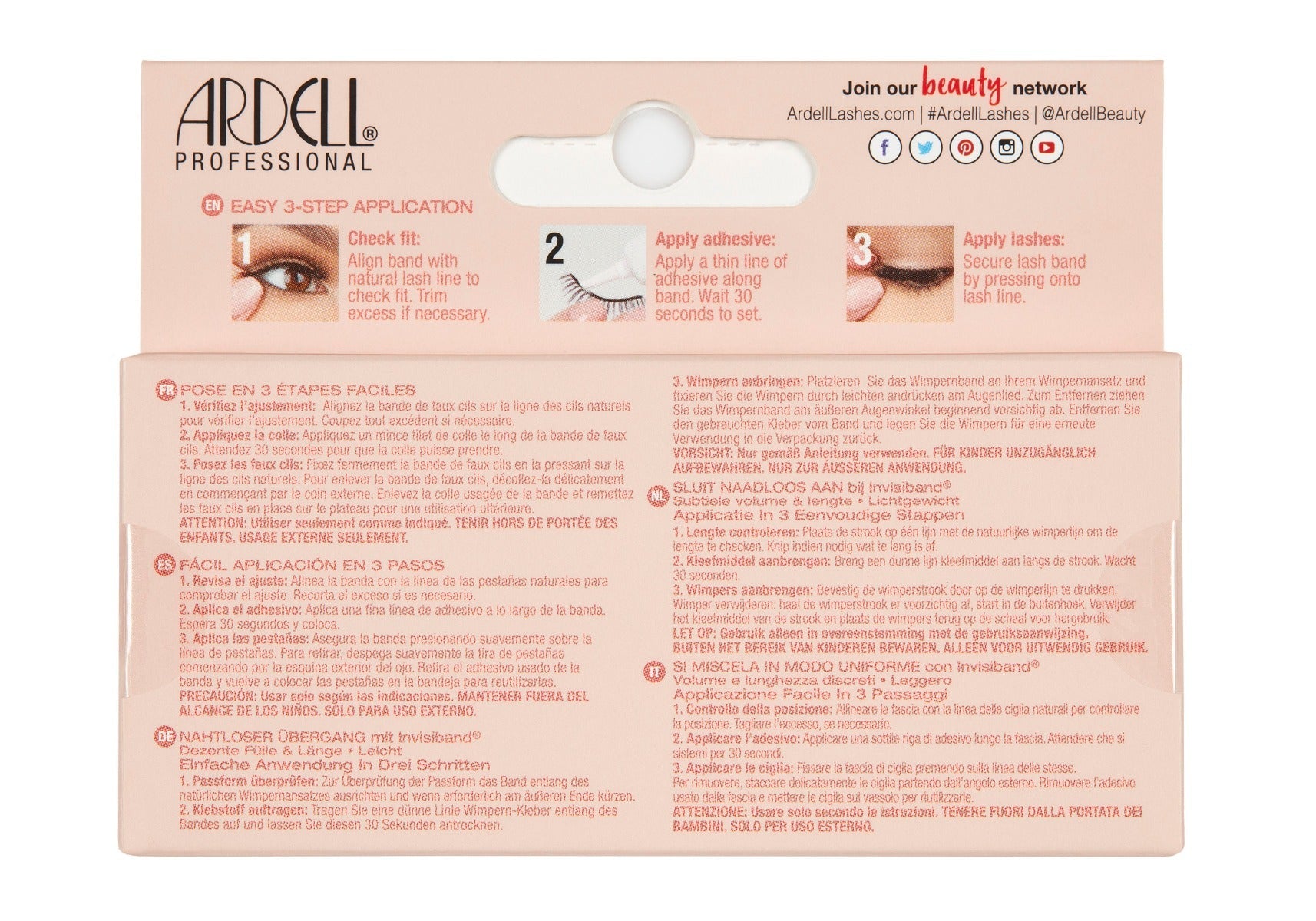 Back of Ardell Naked Lash 427 false lashes retail packaging with instructions in different languages