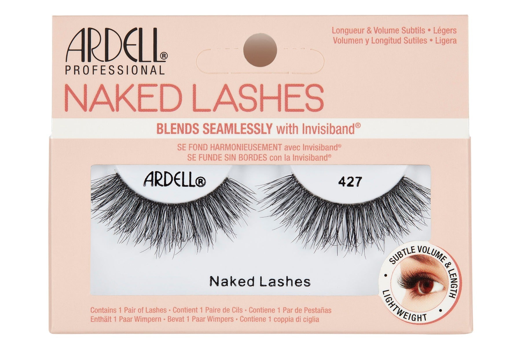 Front view of an Ardell Naked Lash 427 faux lashes set in complete retail wall hook packaging