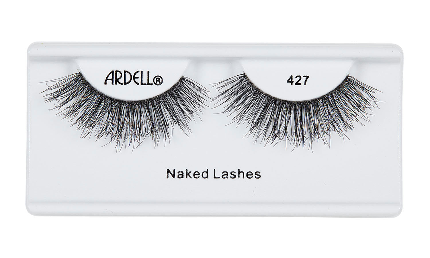Pair of Ardell Naked Lash 427 faux lashes in inner packaging labeled "Ardell", "427", & "Naked Lashes"