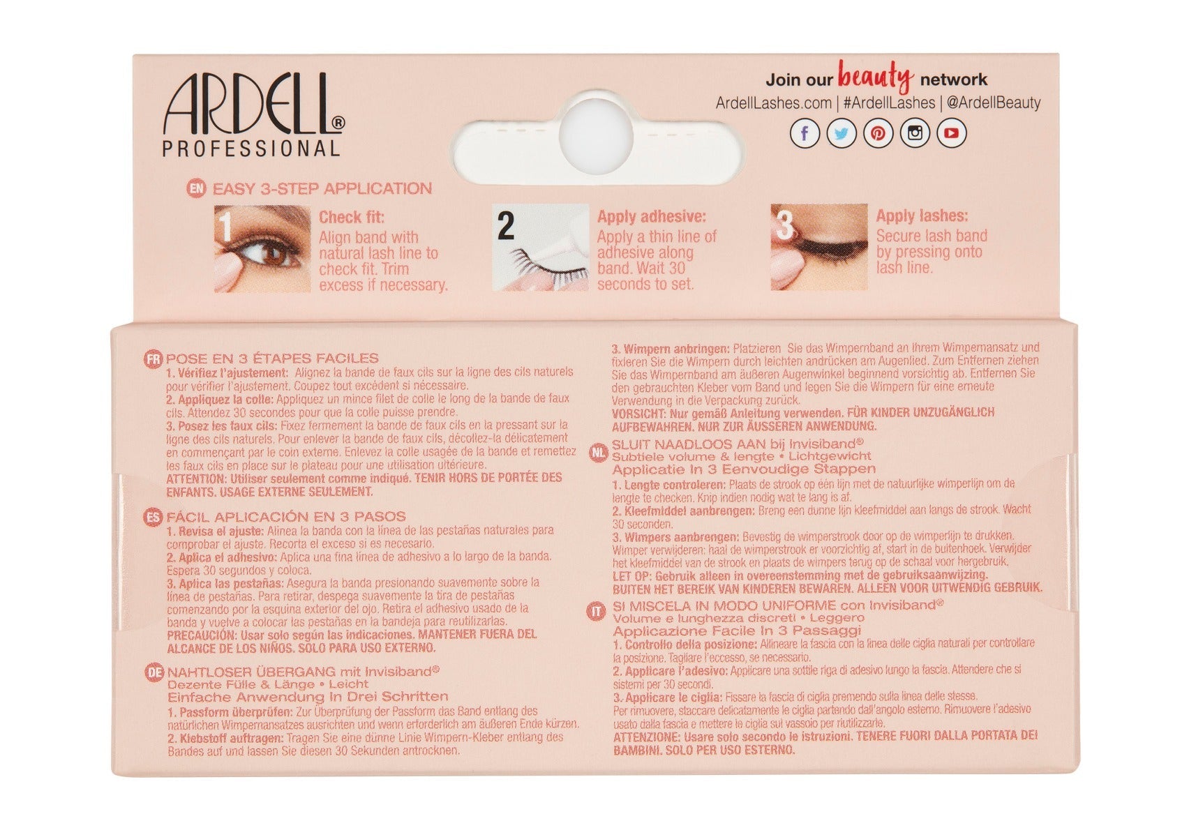 Back of Ardell Naked Lash 429 false lashes retail packaging with instructions in different languages