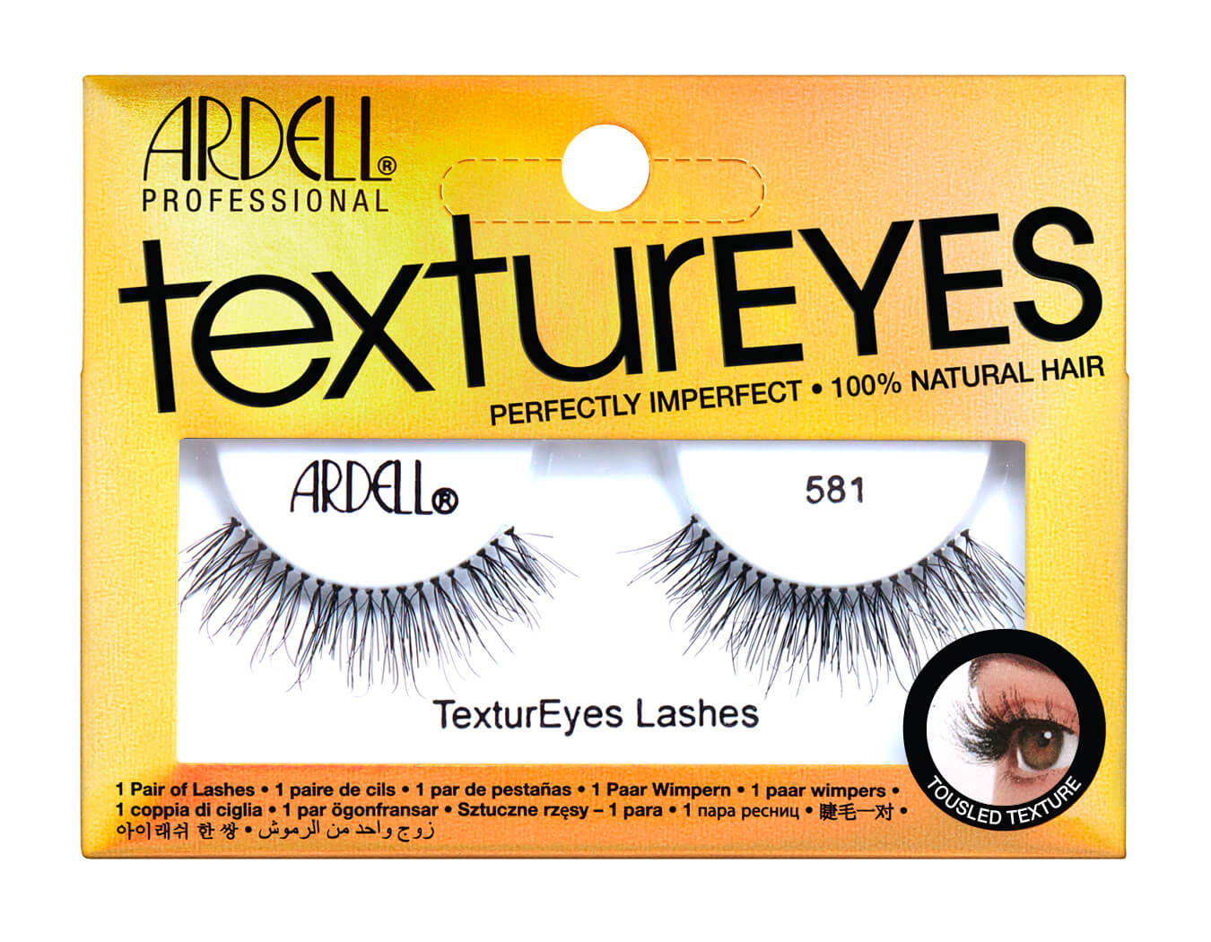 Front facing of Ardell Textureyes 581 false lashes in retail box with printed label of ''581'' and ''TexturEyes Lashes''