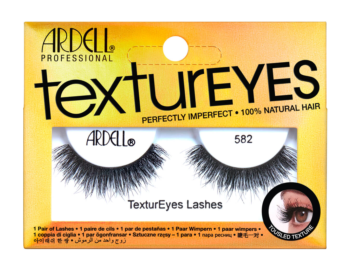 Front facing of Ardell Textureyes 583 false lashes in retail wall hook ready box with printed label text