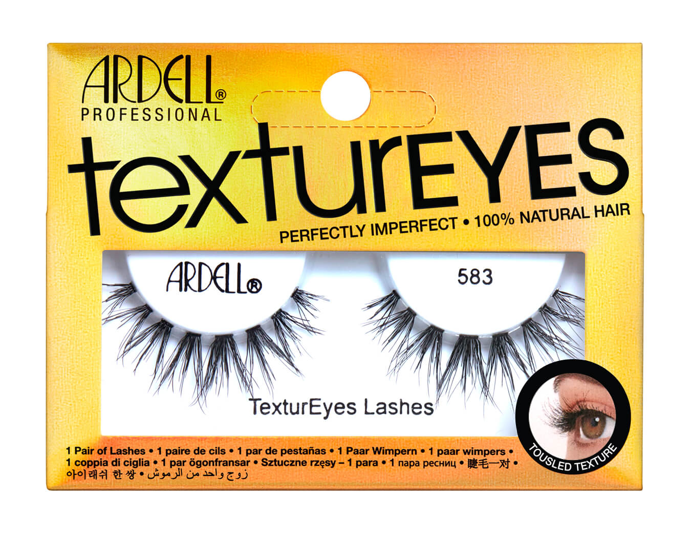 Front facing of Ardell Textureyes 583 false lashes in retail wall hook ready box with printed label text