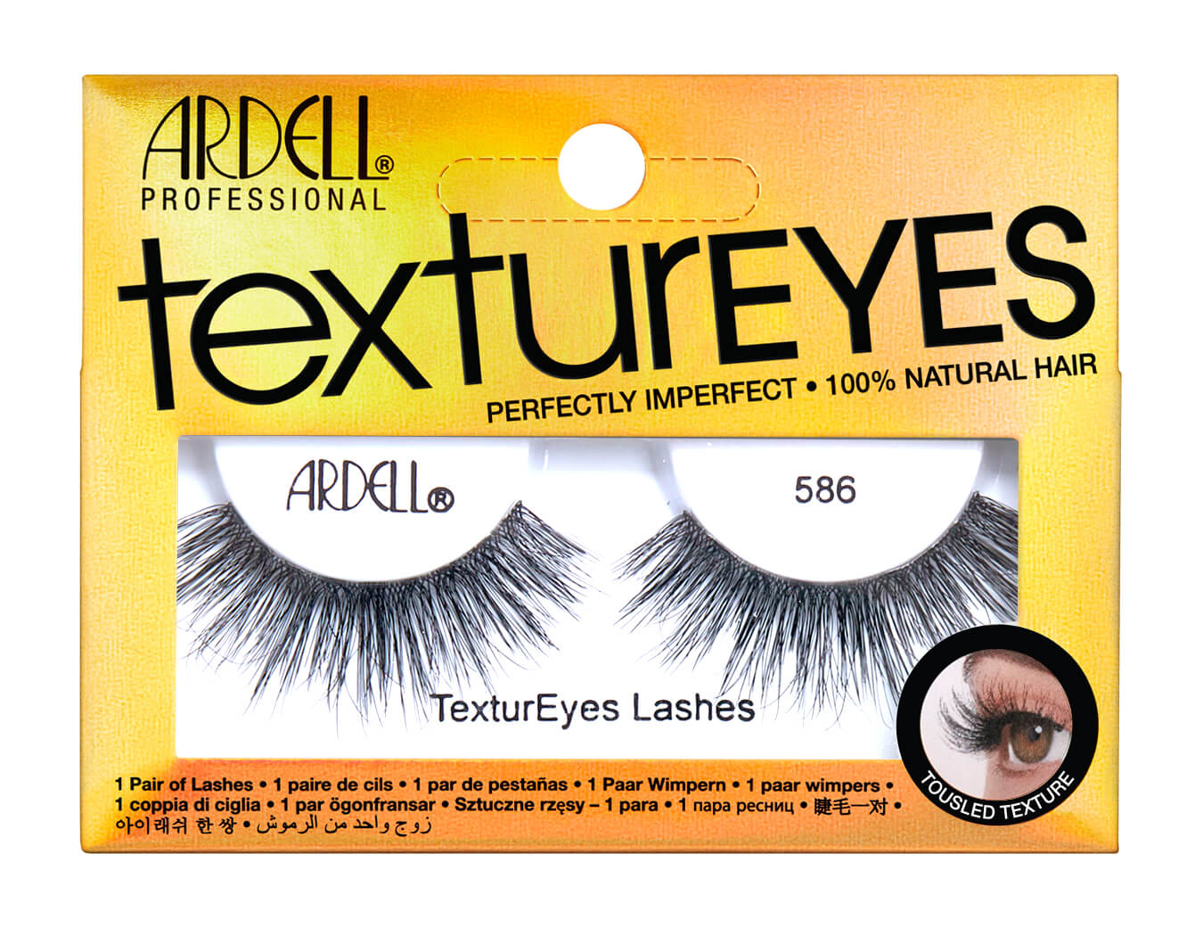 Front view of Ardell Textureyes 586 false lashes in retail wall hook ready packaging with printed label text