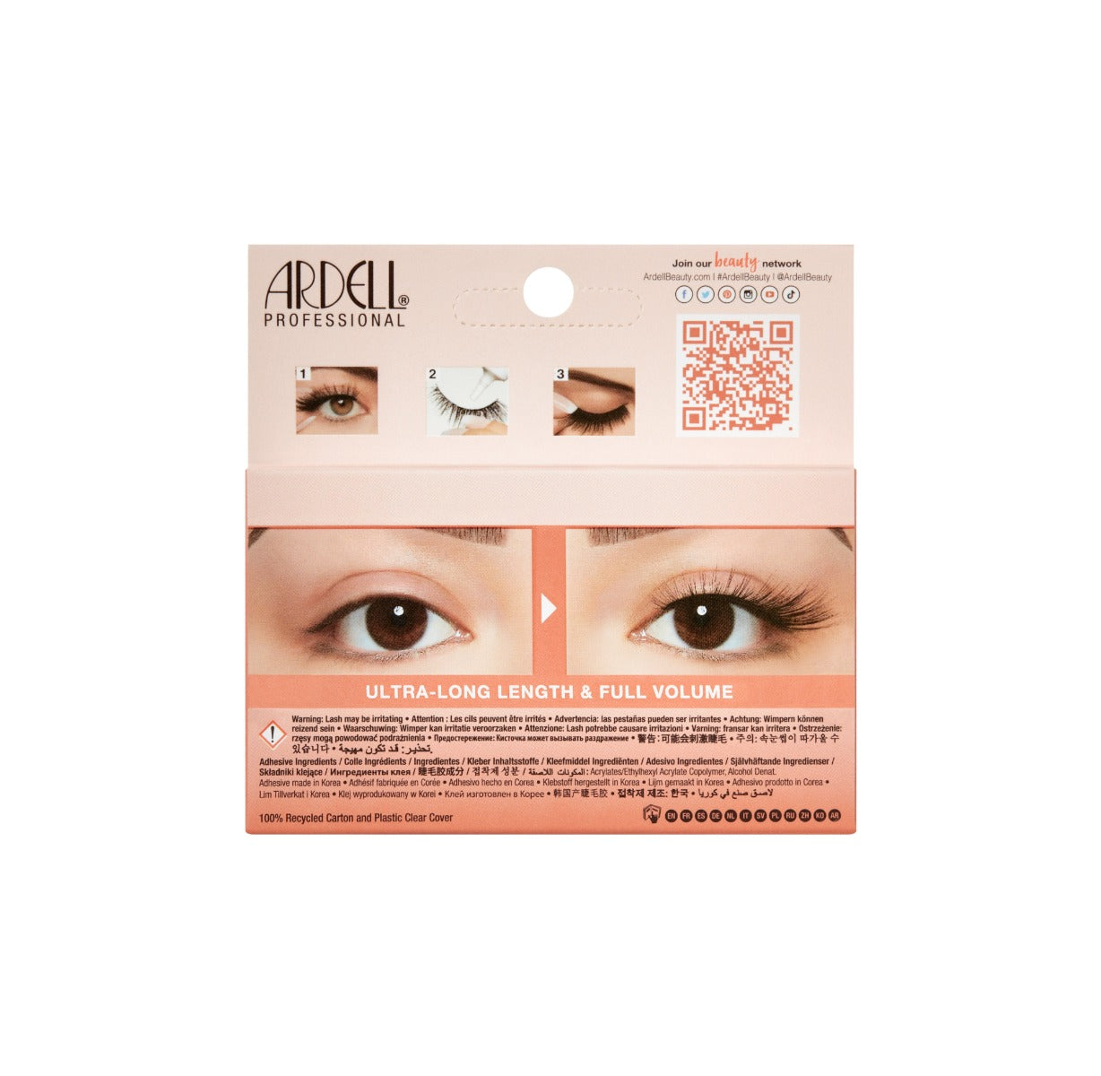 Back details of Ardell's Big Beautiful Lashes Hottie packaging with image application & its inclusions