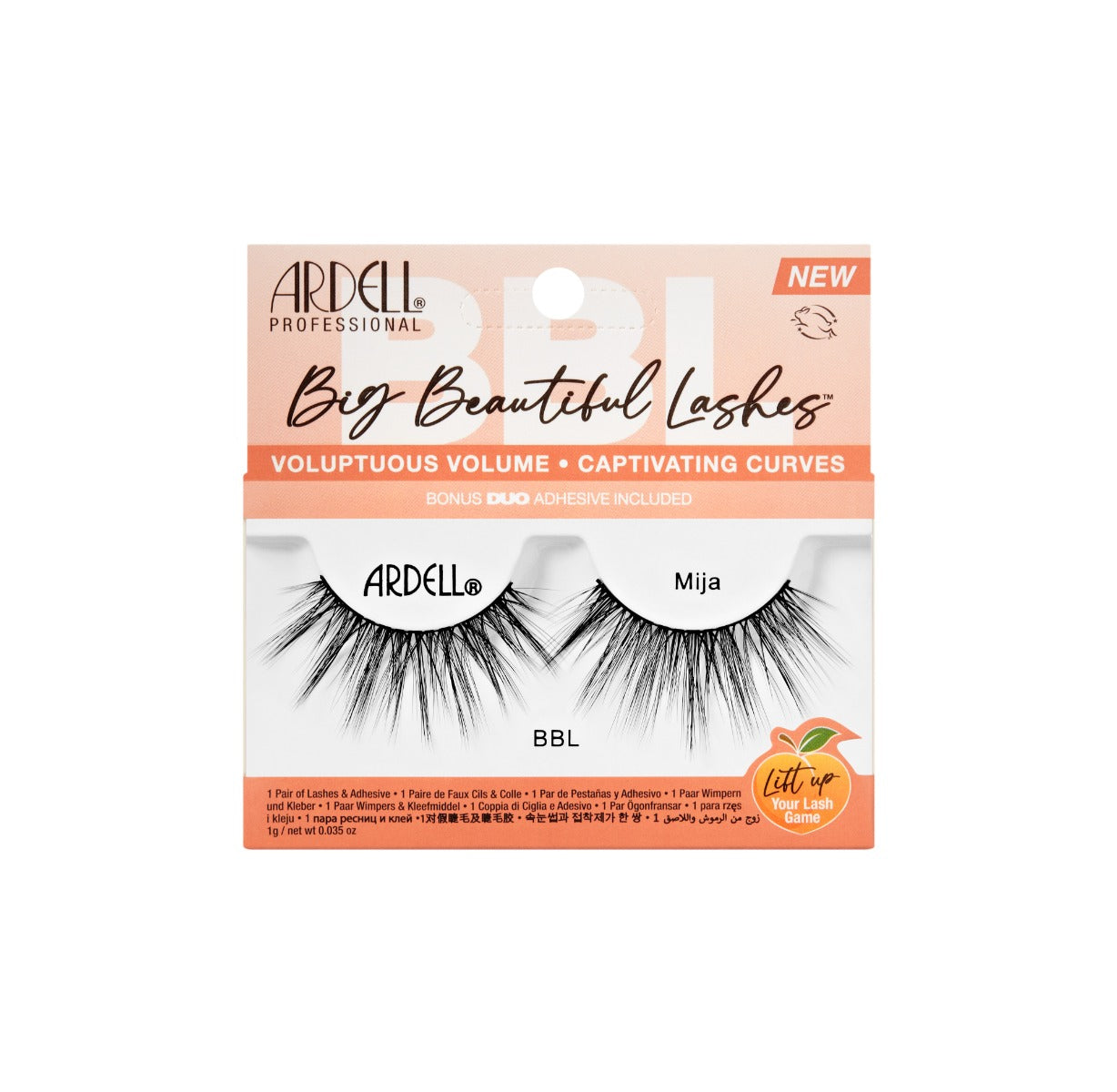 Front facing of Ardell Big Beautiful Lashes Mija wall-hook ready pack with printed product details and information