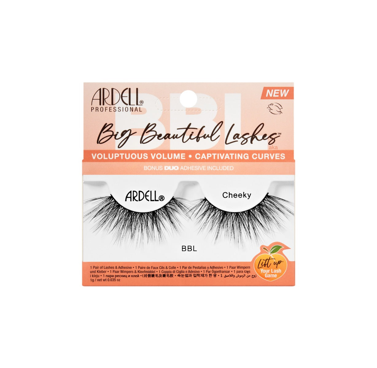 Front view of Ardell's Big Beautiful Lashes Cheeky wall-hook ready retail packaging with printed product information