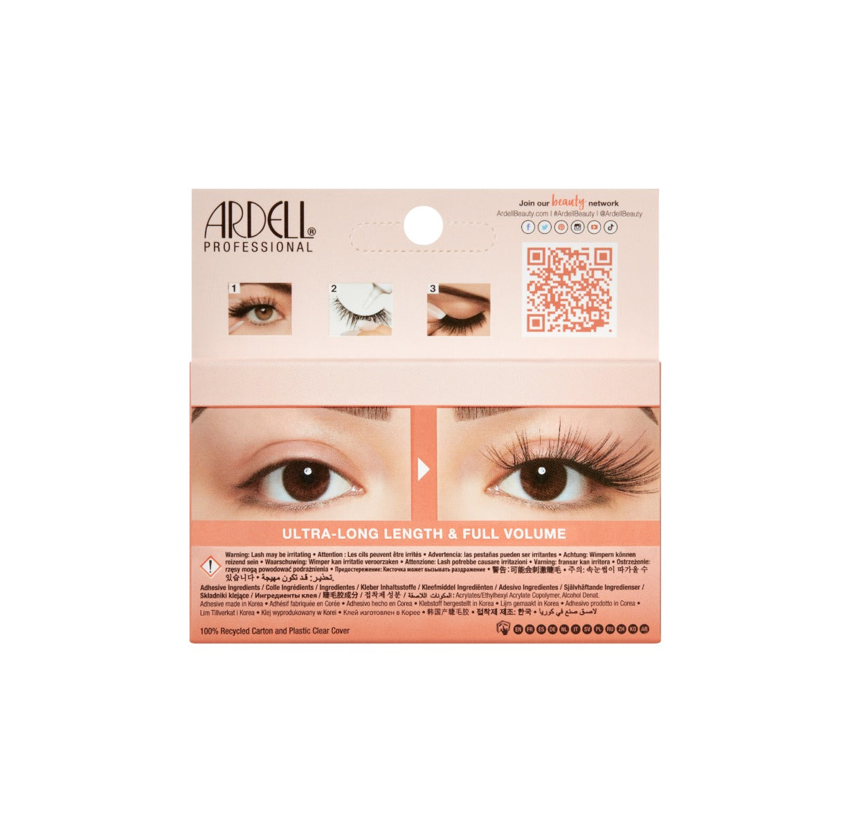 Back details of Ardell's Big Beautiful Lashes Cheeky packaging with image application & its inclusions