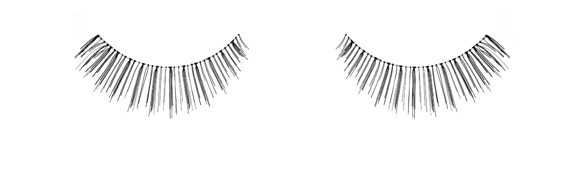 A single pair of Ardell Natural 124 showing its actual look, a very light volume, short length, and rounded lash style