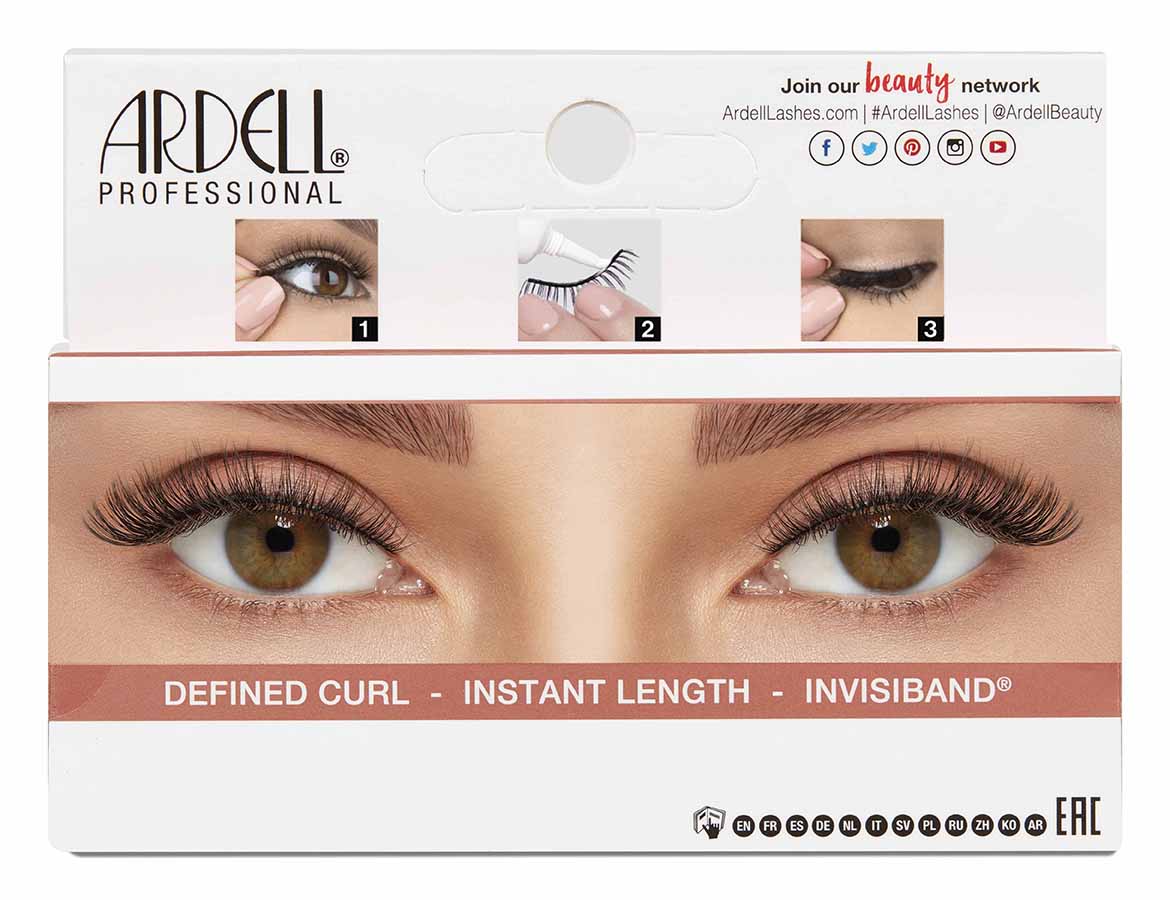 Back of Ardell Lift Effect 741 packaging featuring instructions and close up of a model's eyes wearing faux lashes