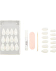 frontal view of the complete set with tools of Ardell Nail Addict Artificial Nail in Natural Stiletto laid down separately