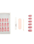 Frontal view of the complete set with tools of Ardell Nail Addict Premium in Sweet Pink variant laid down separately