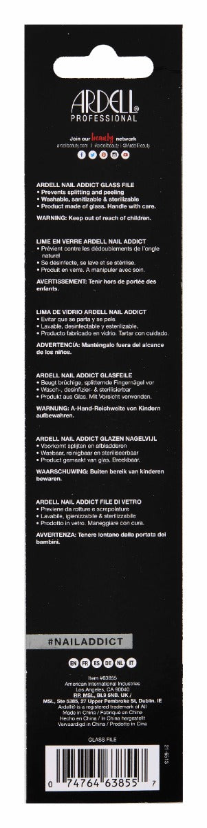 Back of Ardell Nail Addict Glass File packaging with printed text in different languages