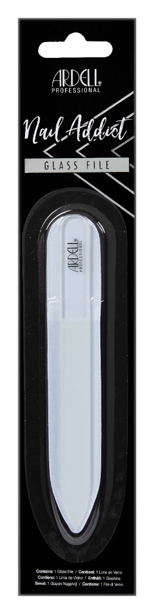 Front of Ardell Nail Addict Glass File in packaging with text in three different languages