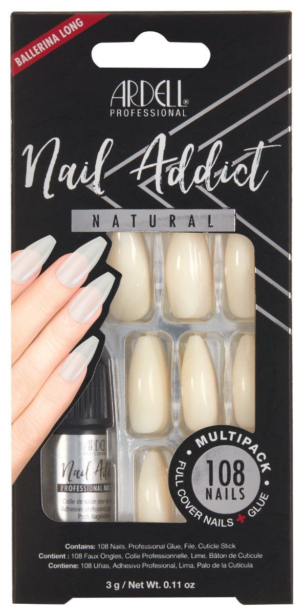 Frontage of Ardell Nail Addict Natural Ballerina Long Multipack wall-hook ready packaging