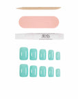 A vibrant set of mint short square press-on nails with nail glue, buffer, and applicator for a bold manicure.