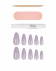 Lilac almond-shaped press-on nails with nail glue, file, and cuticle stick for a salon-quality look at home.