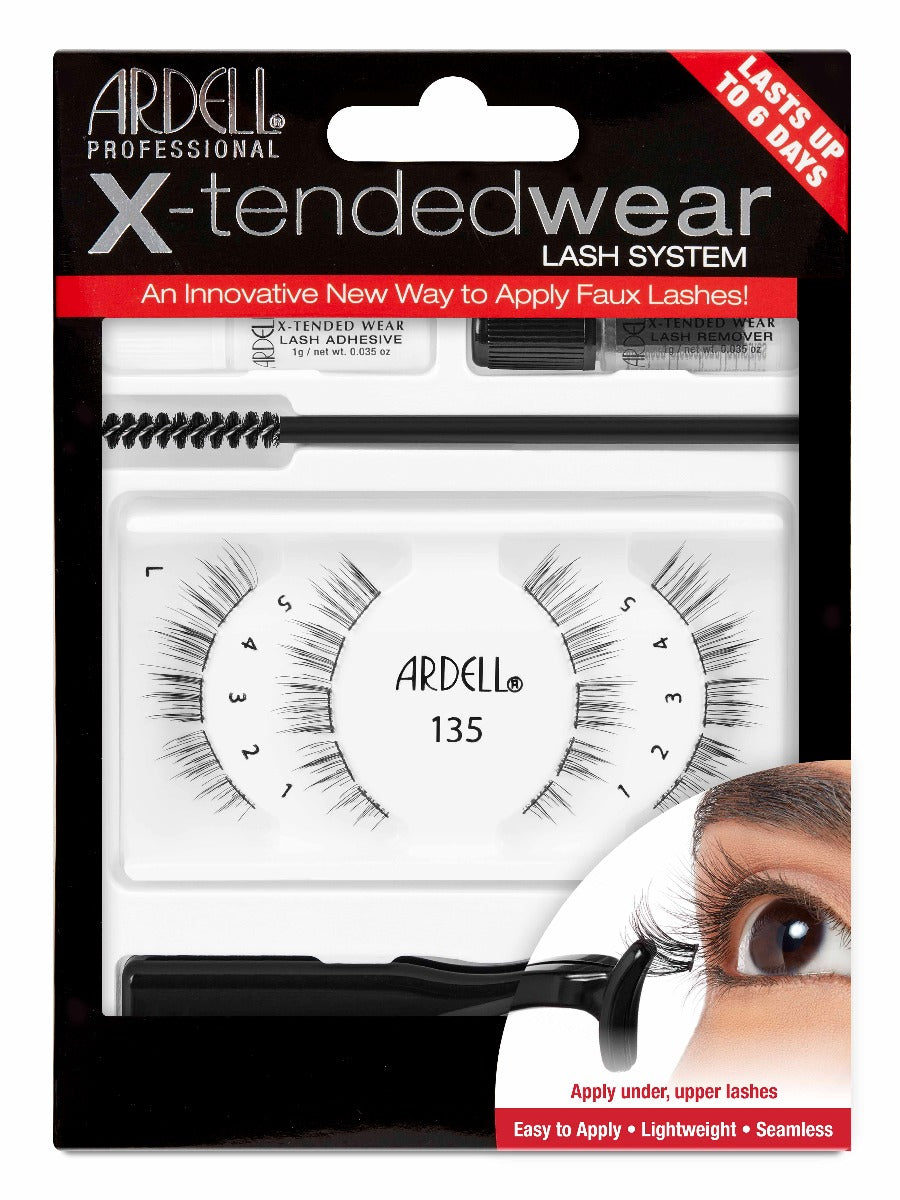 Front view of Ardell 135 Extended Wear Lash System wall-hook ready retail packaging with printed label infographics