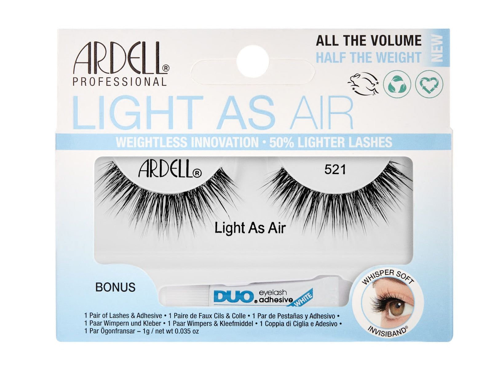 Front-facing of Ardell's Light As Air 521 retail packaging with printed label and product details