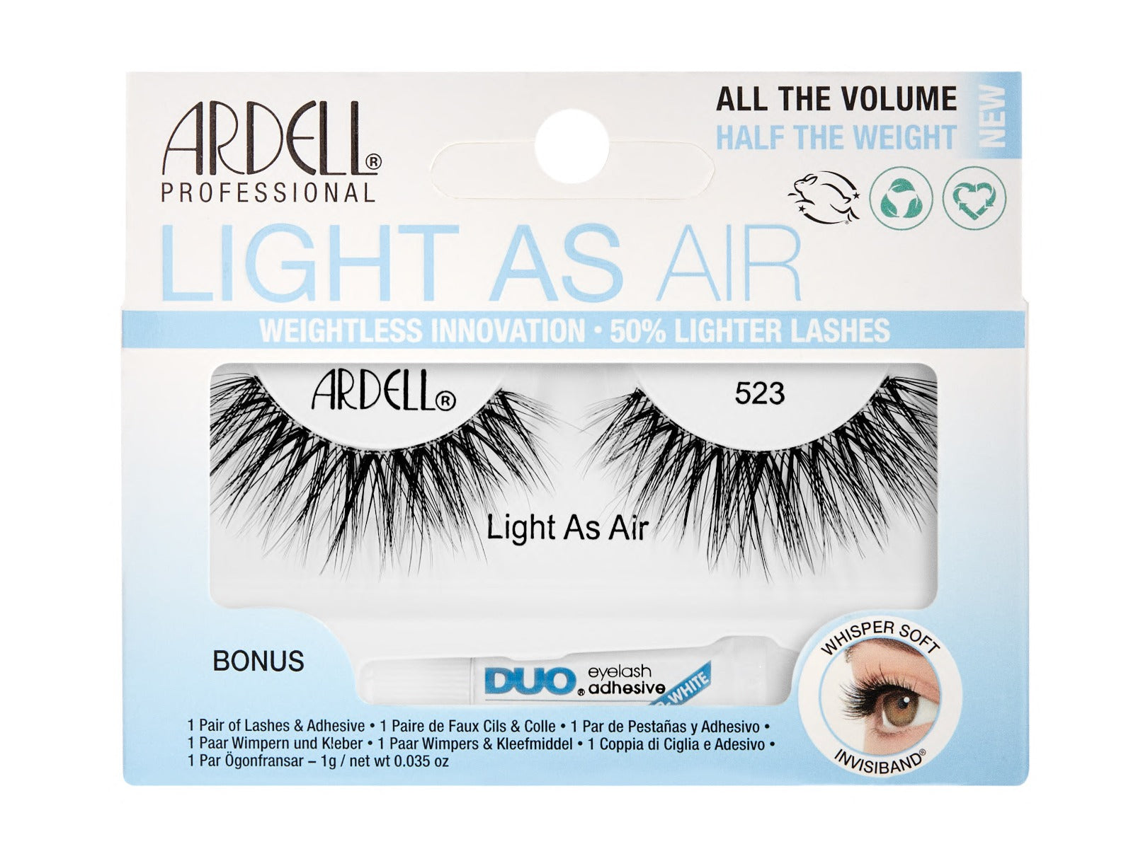 Front-facing of Ardell's Light As Air 523 wall-hook ready retail packaging with printed product information