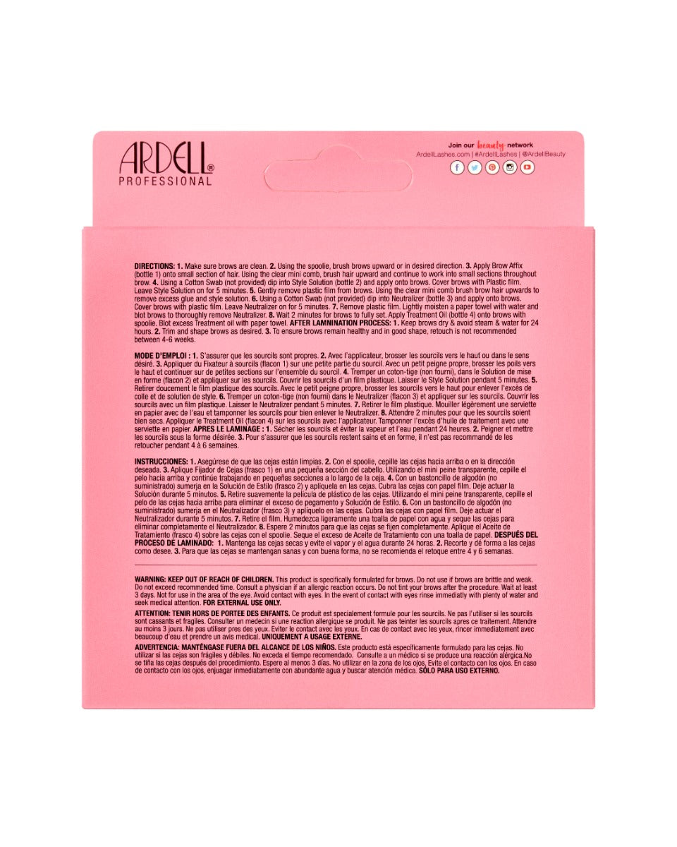 Back view of Ardell Brow Lamination Kit in retail wall hook packaging