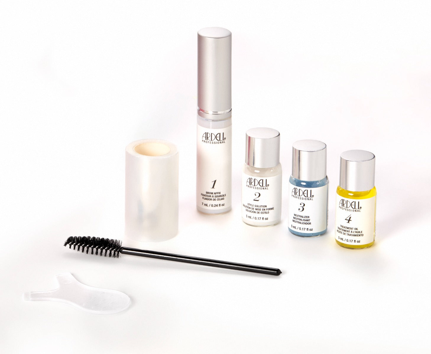Ardell Brow Lamination Essentials eyebrow lamination set with solutions, treatment oil, brush, and shaping film.