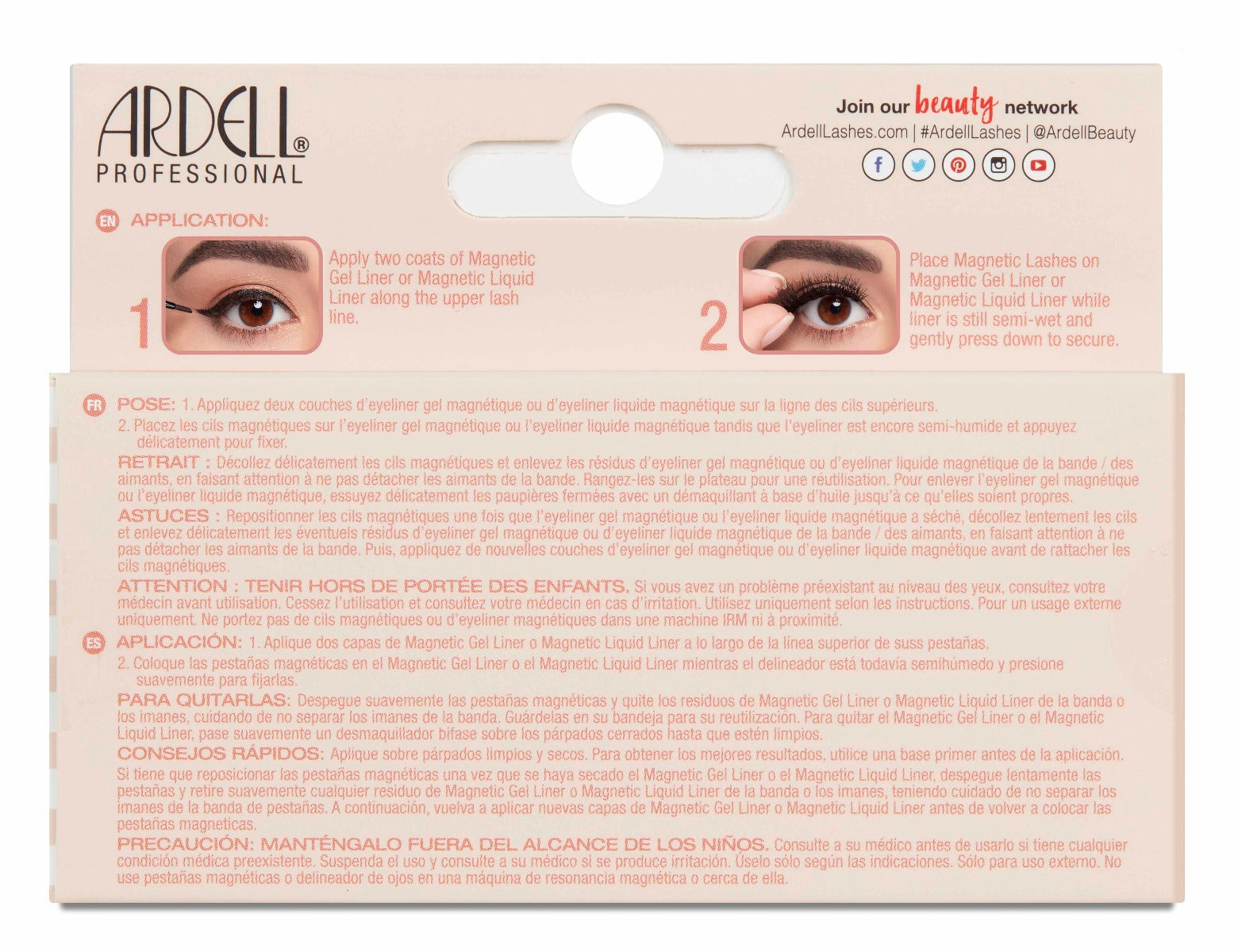 Back details of Ardell Magnetic Naked Lash box with application & removal instructions in three different languages