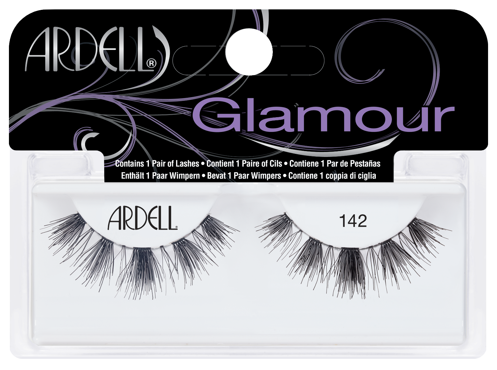 Front view of an Ardell Glamour 142 false lashes set in complete retail wall hook packaging