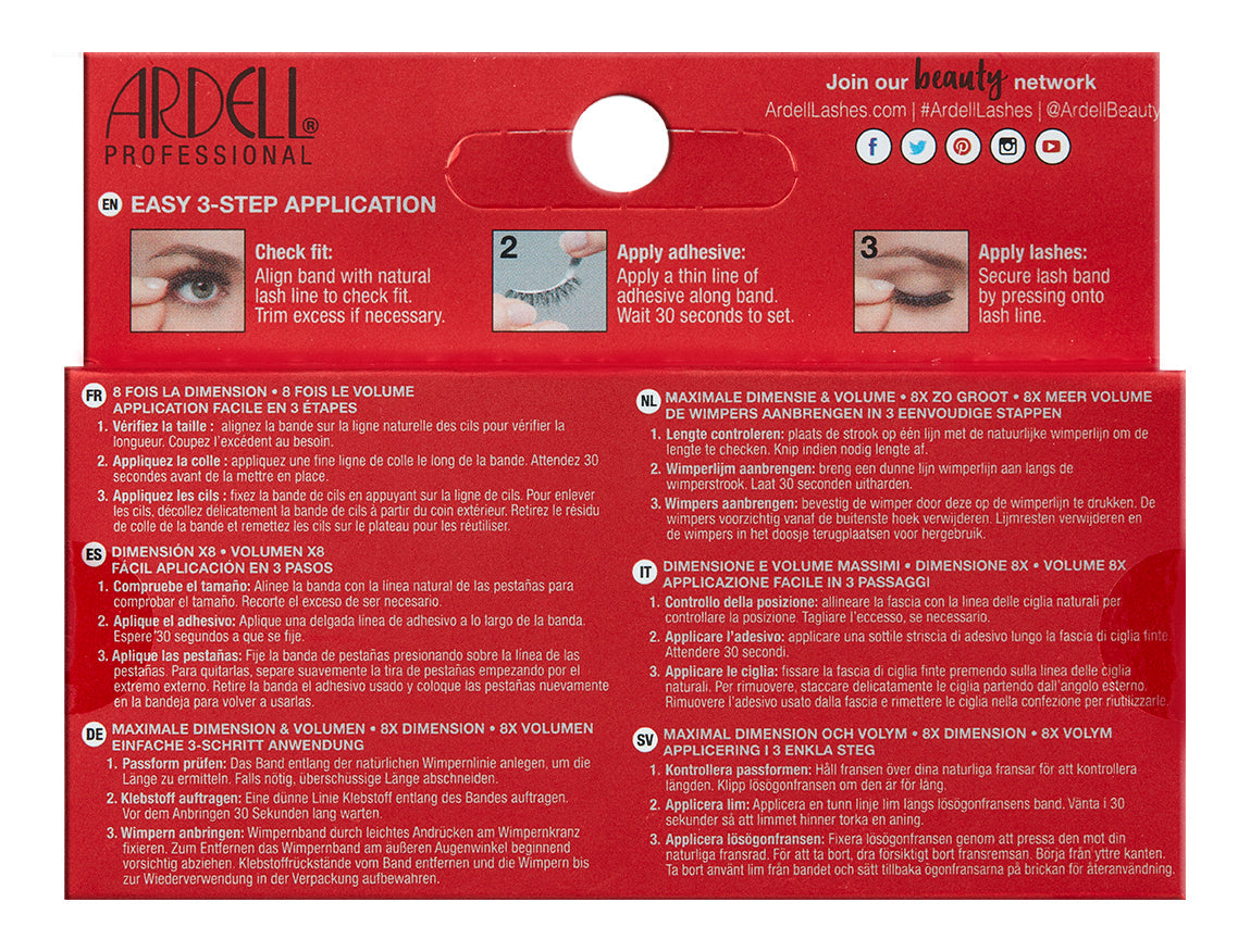 The back of Ardell 8D Lash 952 packaging with application instructions written in different languages