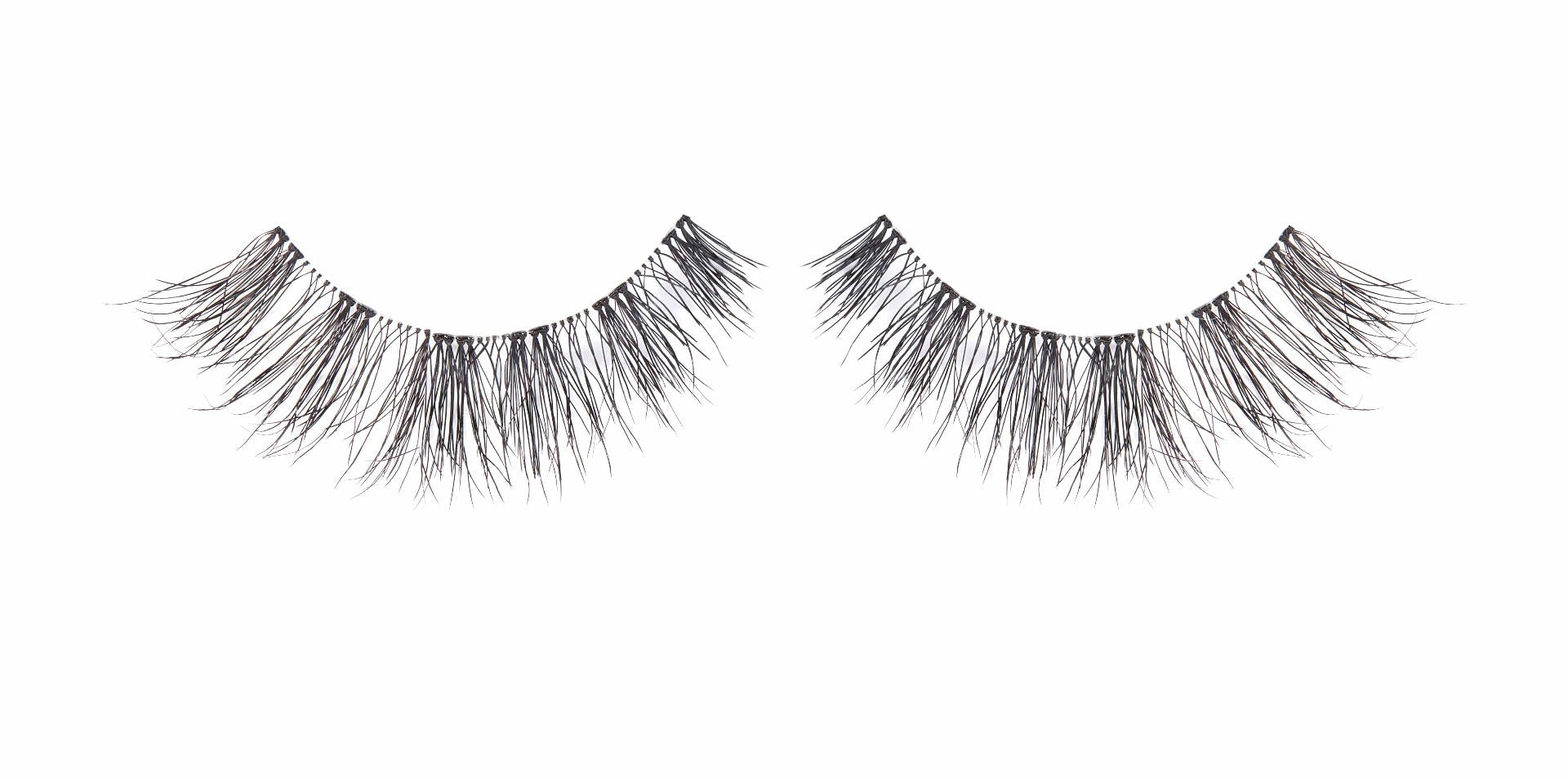 A pair of Ardell Textureyes Lash 578 showing its medium volume & length & slightly flared shape that elongates at the corner