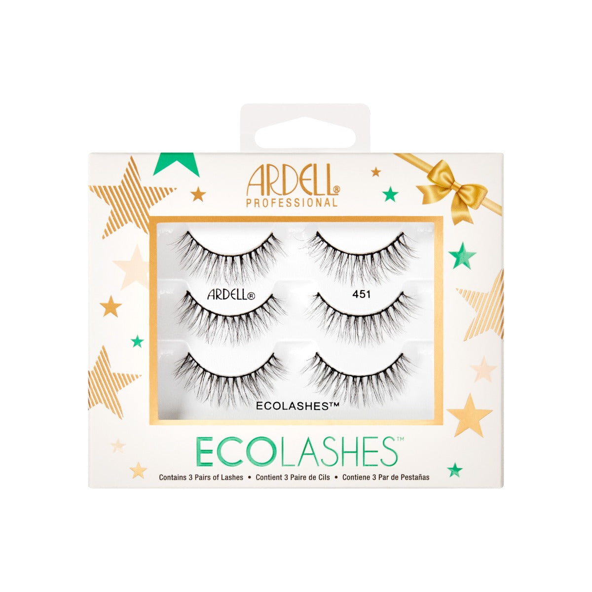 Front view of Ardell,3pk Holiday 451 Eco Lashes in retail wall hook packaging