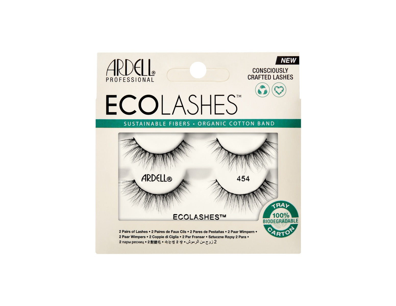 Front facing of Ardell's Eco Lashes 454 2 pack retail packaging with printed label and product information