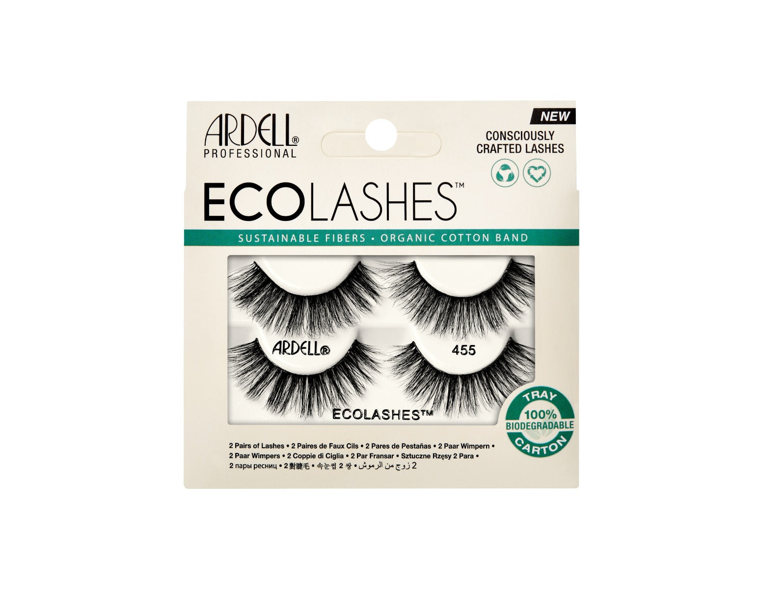 Front facing of Ardell's Eco Lashes 455 2 pack retail packaging with printed product information