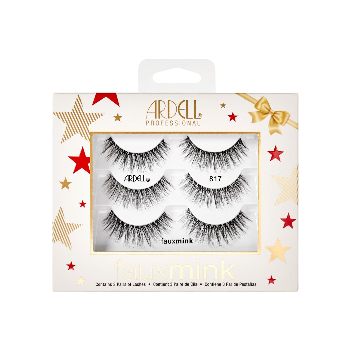 Front view of Ardell,3pk Holiday 817 Faux Mink lashes in retail wall hook packaging