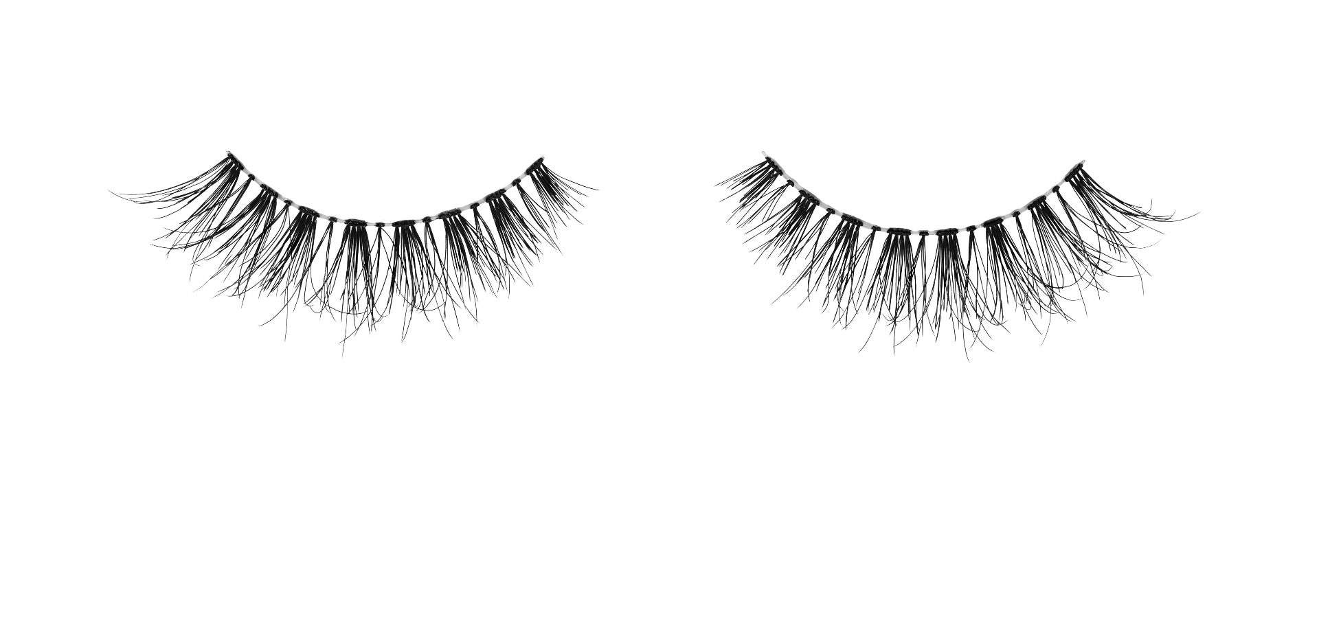 Pair of Ardell Naked Lash 424 false lashes side by side featuring shorter length wispies effect with double-layered curl
