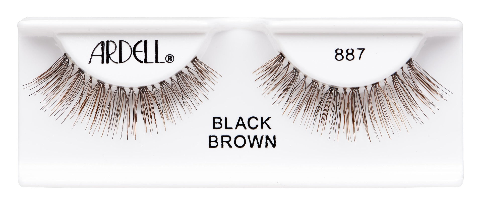 Ardell Chocolate Lash 887 faux lashes in inner packaging labeled "Ardell", "887" & "Black Brown"