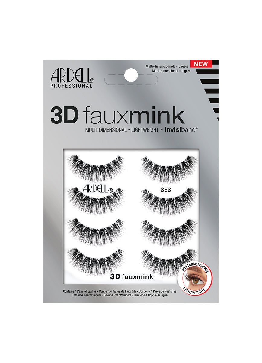 Front illustration of Ardell's 4 pairs 3D Faux Mink 858 wall-hook ready retail packaging