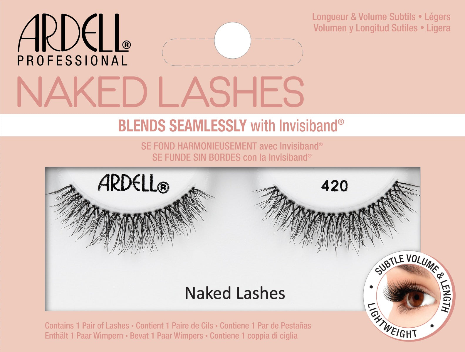 Front view of an Ardell Naked Lash 420 faux lashes set in complete retail wall hook packaging