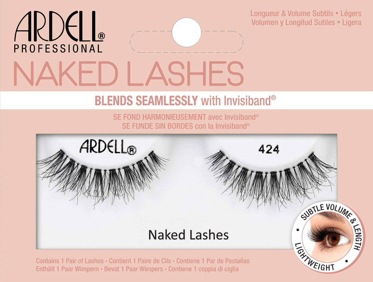 Front view of an Ardell Naked Lash 424 faux lashes set in complete retail wall hook packaging