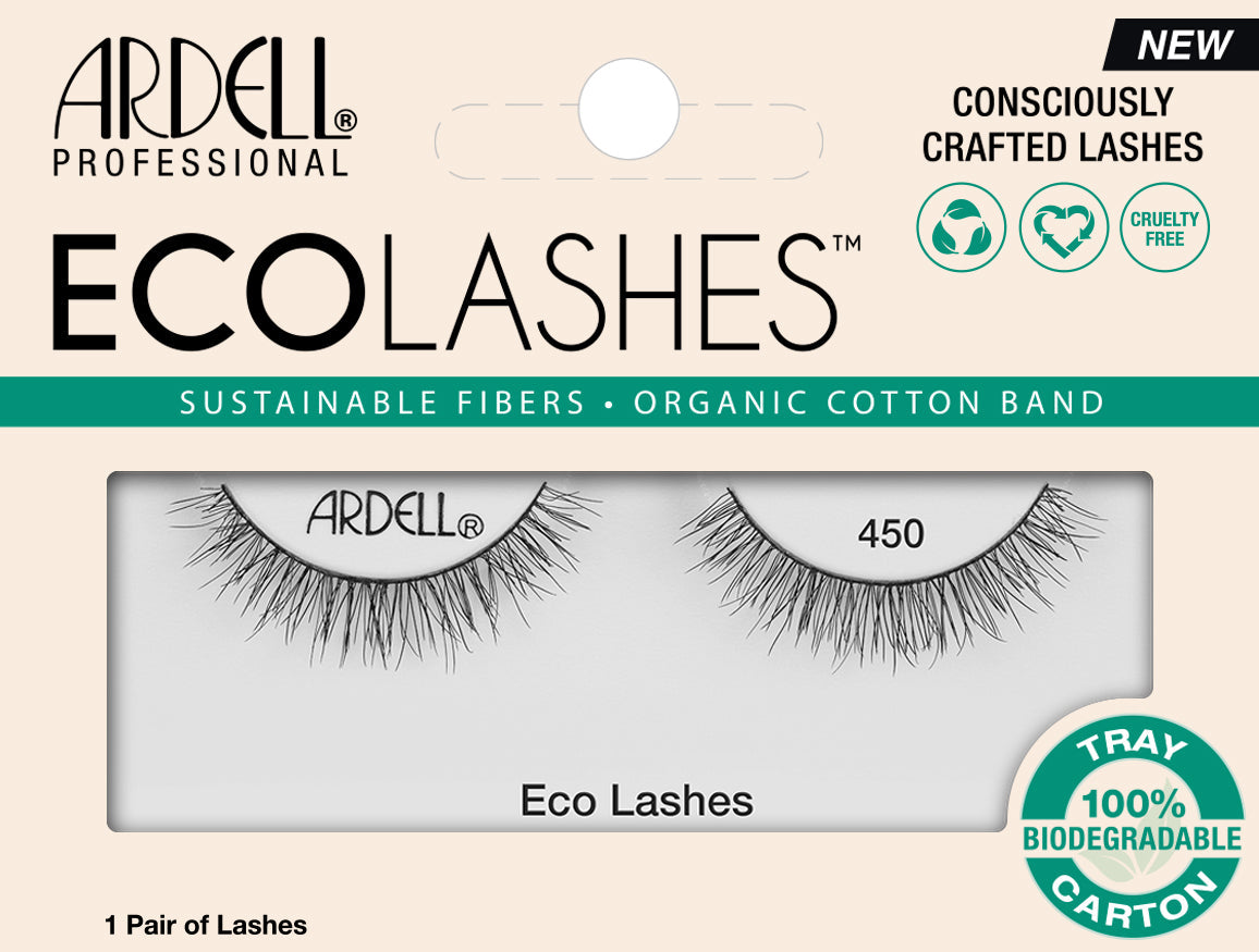Frontview of a wall-hook ready retail pack of Ardell's Ecolashes 450 with printed label text