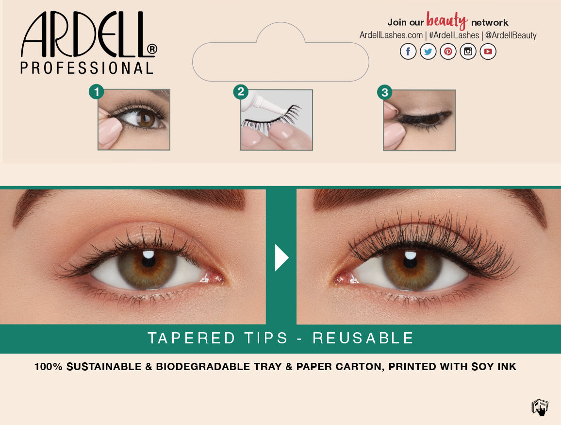 Back of Ardell's Ecolashes 454 packaging with application, removal instructions and pictures.